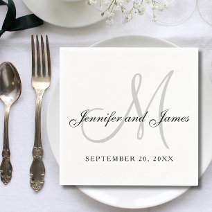 Serviette En Papier Mariage élégant écriture monogramme noir blanc gri