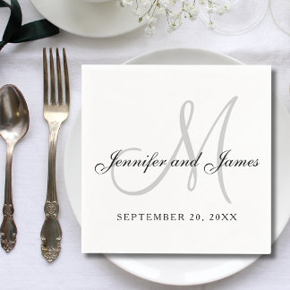 Serviette En Papier Mariage élégant écriture monogramme noir blanc gri