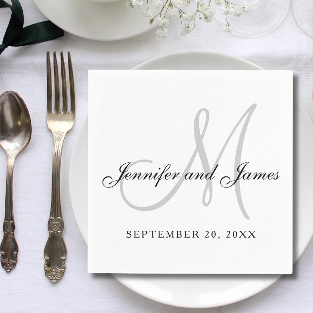 Serviette En Papier Mariage élégant écriture monogramme noir blanc gri (Créateur téléchargé)