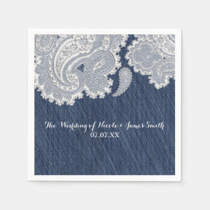Serviette En Papier Mariage Élégant en Jean et Dentelle Blanche