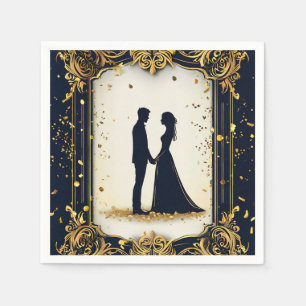 Serviette En Papier Mariage élégant en silhouette avec cadre doré orné