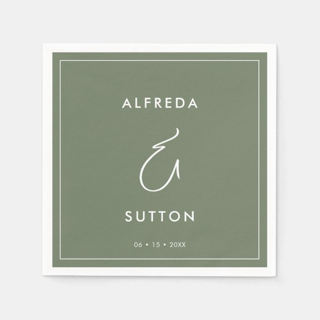 Serviette En Papier Mariage élégant et moderne au vert sauge foncé (Devant)