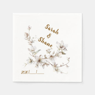 Serviette En Papier Mariage Élégant Fleur Blanche et Ivoire