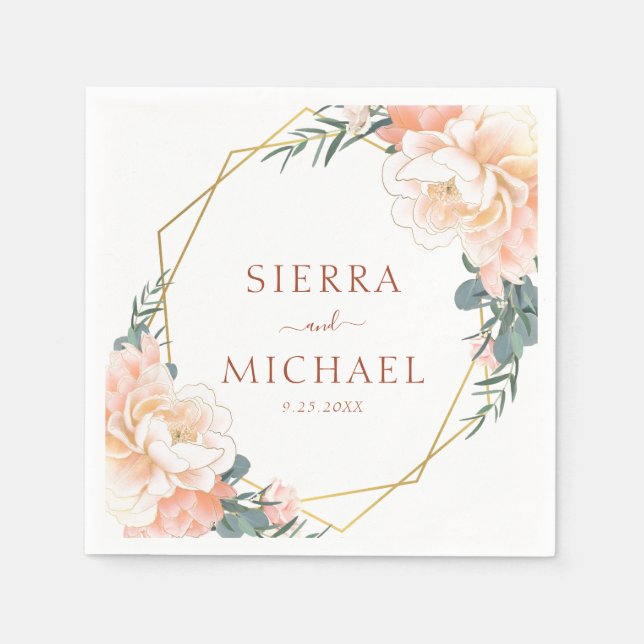 Serviette En Papier Mariage Élégant Fleur Terracotte Or Pêche (Devant)