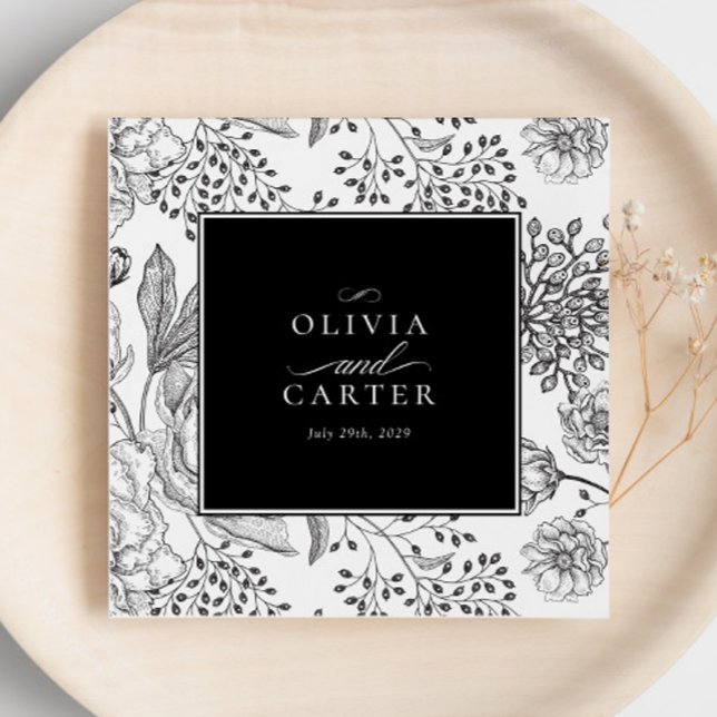 Serviette En Papier Mariage Élégant Fleurs Noires (Créateur téléchargé)