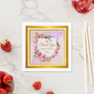 Serviette En Papier Mariage Élégant Fleurs Roses et Paillettes Dorées