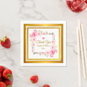 Serviette En Papier Mariage Élégant Fleurs Roses et Paillettes Dorées