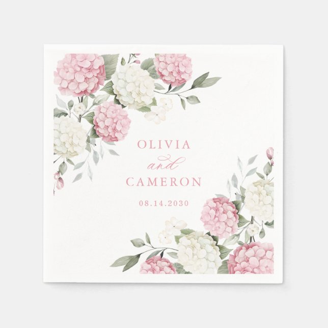 Serviette En Papier Mariage Élégant Fleurs Roses Hydrangea Verdure (Devant)