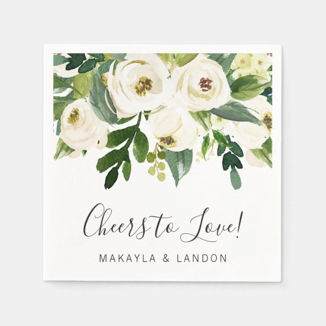 Serviette En Papier Mariage Élégant Fleurs Vertes Roses Blanches (Devant)