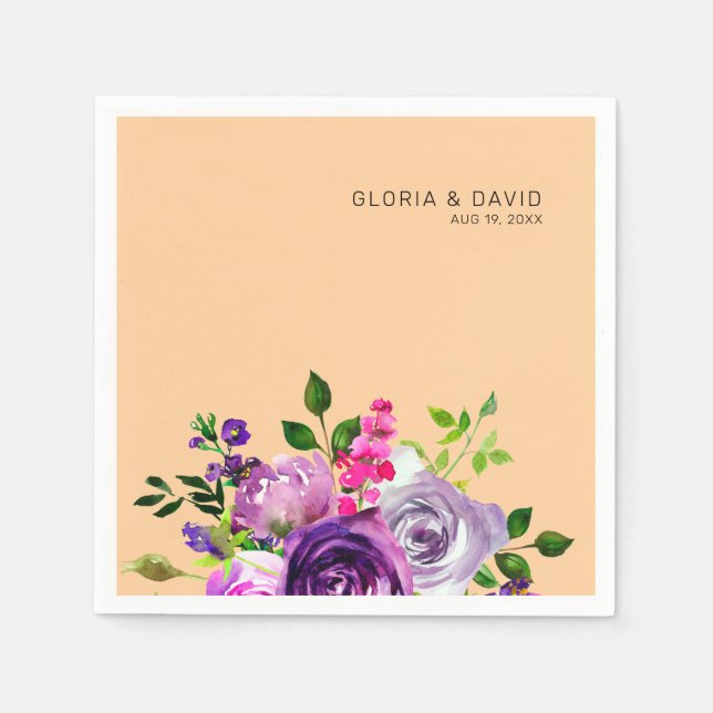 Serviette En Papier Mariage Élégant Fleurs Violettes  (Devant)