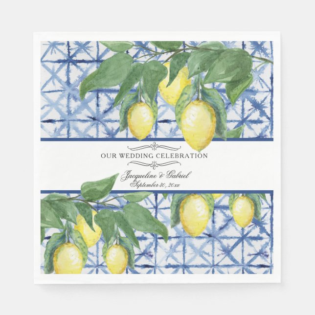 Serviette En Papier Mariage Élégant Floral Bleu Blanc Citron  (Devant)