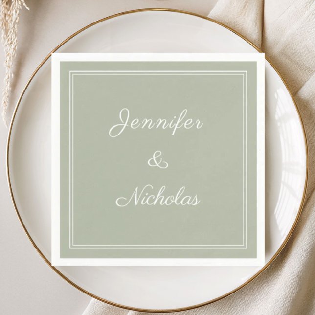 Serviette En Papier Mariage Élégant Formel Vert Sauge Écriture (Elegant Formal Sage Green Script Wedding Napkins)
