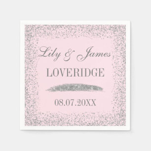 Serviette En Papier Mariage Élégant Gris Argent Paillettes & Rose Blus