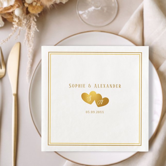 Serviette En Papier Mariage Élégant Initiales Double Cœur (Elegant Double Heart Initials Wedding Paper Dinner Napkins)