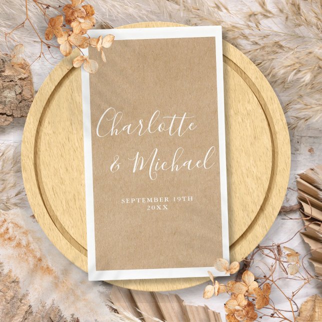 Serviette En Papier Mariage Élégant Kraft Rustique Écriture Signature (Rustic Kraft Elegant Signature Script Wedding Paper Guest Towels)
