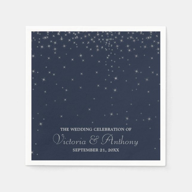 Serviette En Papier Mariage Elegant Marine & Silver Falling Stars (Devant)