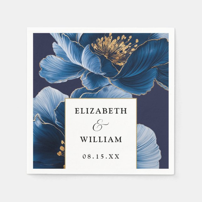 Serviette En Papier Mariage élégant moderne bleu marine et or floral (Devant)