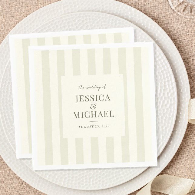 Serviette En Papier Mariage élégant moderne vert olive rayé (Créateur téléchargé)