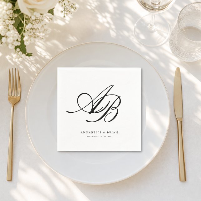 Serviette En Papier Mariage élégant monogramme blanc  (Elegant Monogram White Wedding Napkins)