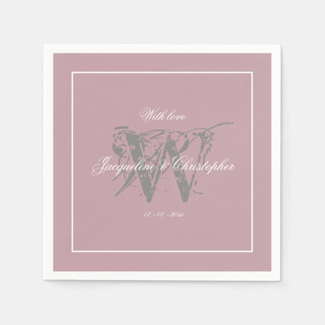 Serviette En Papier Mariage Élégant Monogramme Chic Dusty Papier rose (Devant)