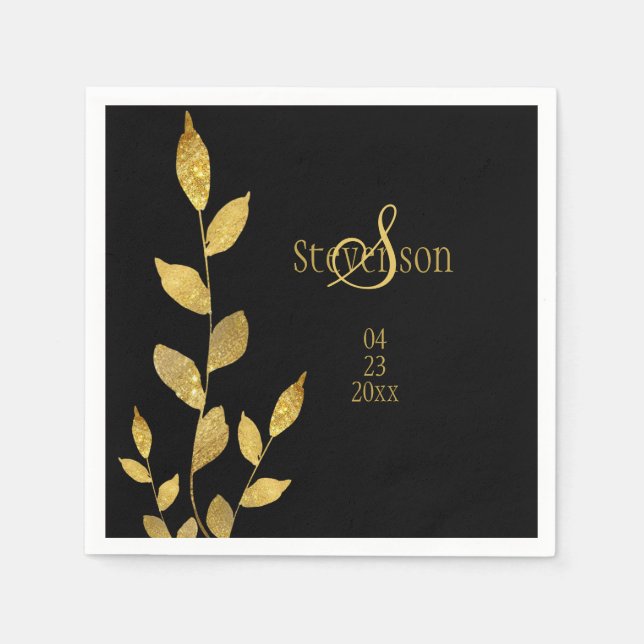 Serviette En Papier Mariage Élégant Monogramme Moderne Feuille d'Or No (Devant)
