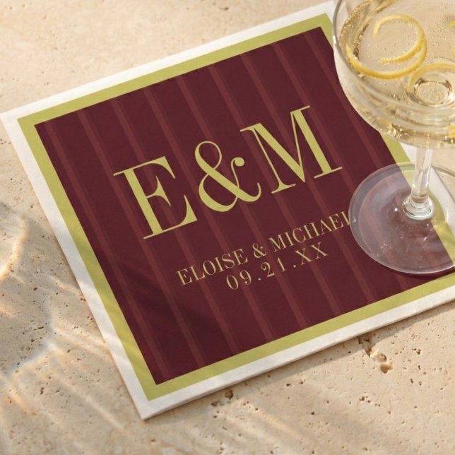 Serviette En Papier Mariage élégant monogramme motif rayure bordeaux (Elegant Monogram Burgundy Stripe Pattern Wedding Napkins)
