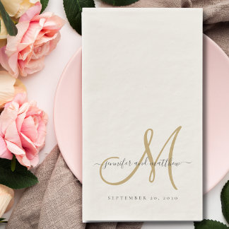 Serviette En Papier Mariage Élégant Monogramme Or Écru Gris Classique