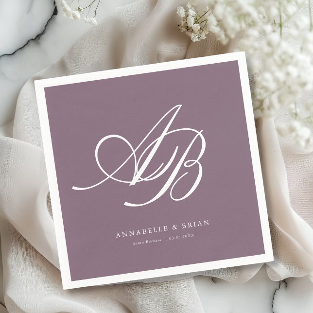 Serviette En Papier Mariage Élégant Monogramme Prune  (Elegant Monogram Plum Wedding Napkins)