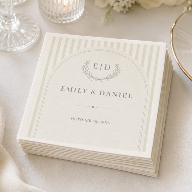Serviette En Papier Mariage Élégant Monogramme Rayé Vert Sauge (Créateur téléchargé)