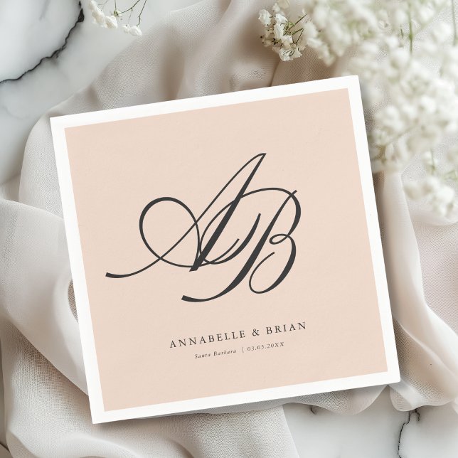 Serviette En Papier Mariage Élégant Monogramme Rose-Pêche  (Elegant Monogram Blush-Peach Wedding Napkins)