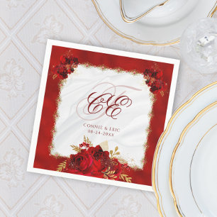 Serviette En Papier Mariage élégant Monogramme Rouge or Floral