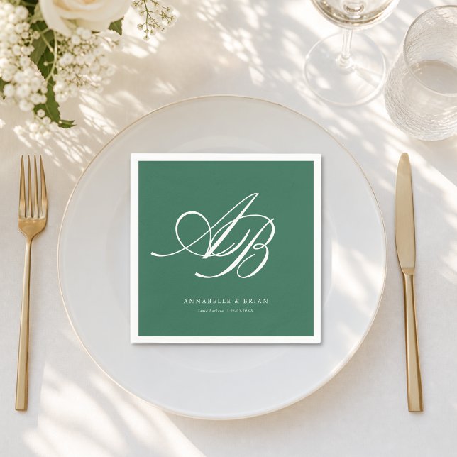 Serviette En Papier Mariage élégant Monogramme Vert  (Elegant Monogram Green Wedding Napkins)