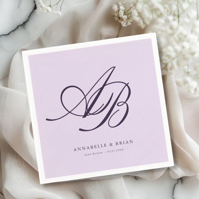 Serviette En Papier Mariage élégant monogramme violet  (Elegant Monogram Violet Purple Wedding Napkins)