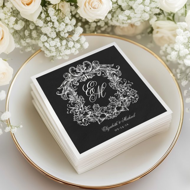 Serviette En Papier Mariage élégant noir blanc monogramme crête script (Créateur téléchargé)