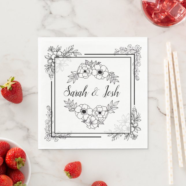 Serviette En Papier Mariage Élégant Noir et Blanc (En situation)