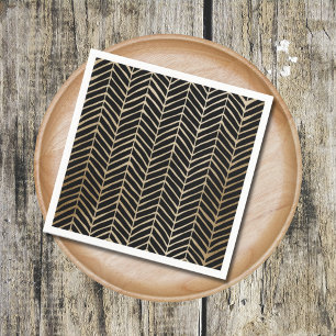Serviette En Papier Mariage Élégant Noir et Or Chevron