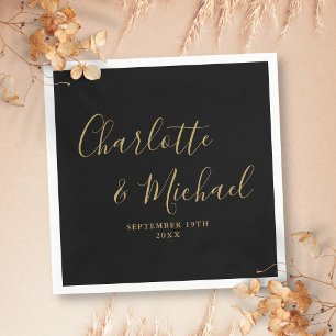 Serviette En Papier Mariage Élégant Noir et Or Signature