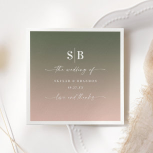 Serviette En Papier Mariage Élégant Ombré Vert & Rose Monogrammé