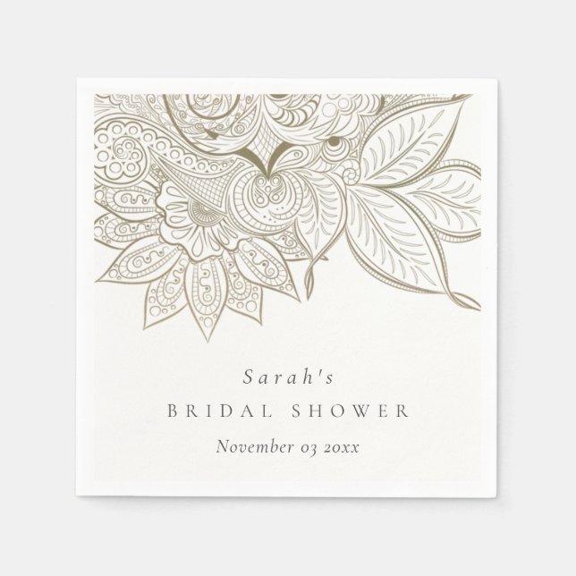 Serviette En Papier Mariage Élégant Orné Paisley Ivoire Or (Devant)