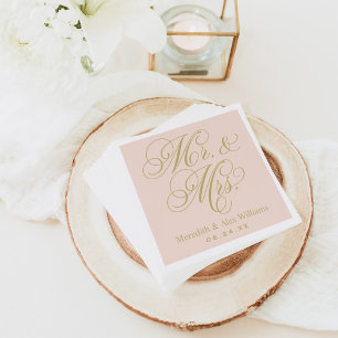 Serviette En Papier Mariage Élégant Rose Pâle et Or M. et Mme