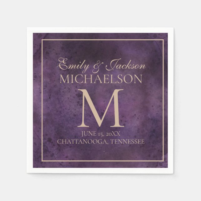 Serviette En Papier Mariage Élégant Rustique Monogramme Or Violet (Devant)