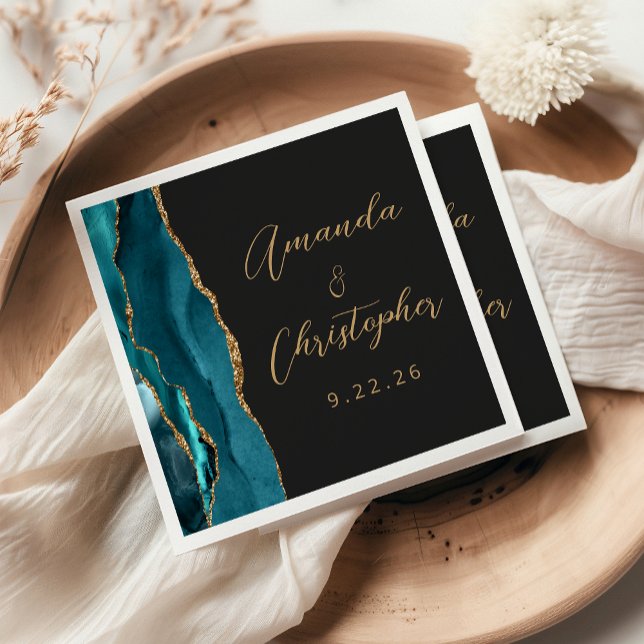 Serviette En Papier Mariage élégant sarcelle bleu or foncé écriture (Créateur téléchargé)
