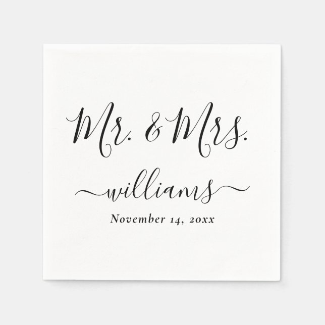 Serviette En Papier Mariage élégant script blanc M. et Mme. (Devant)