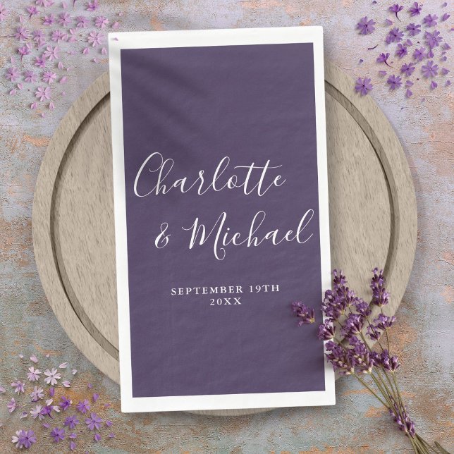 Serviette En Papier Mariage élégant signature script violet (Purple Elegant Signature Script Wedding Paper Guest Towels)