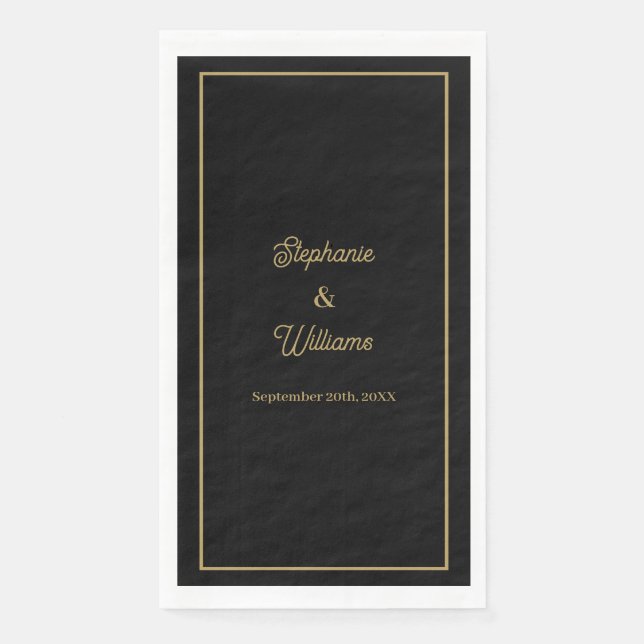 Serviette En Papier Mariage Élégant Simple Nom Noir Or (Devant)