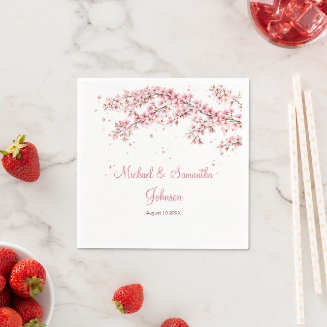 Serviette En Papier Mariage Élégant sous les Fleurs de Cerisier (En situation)