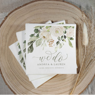 Serviette En Papier Mariage élégant verdure feuillage cocktail blanc