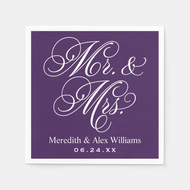Serviette En Papier Mariage élégant violet écriture Mr et Mrs (Devant)