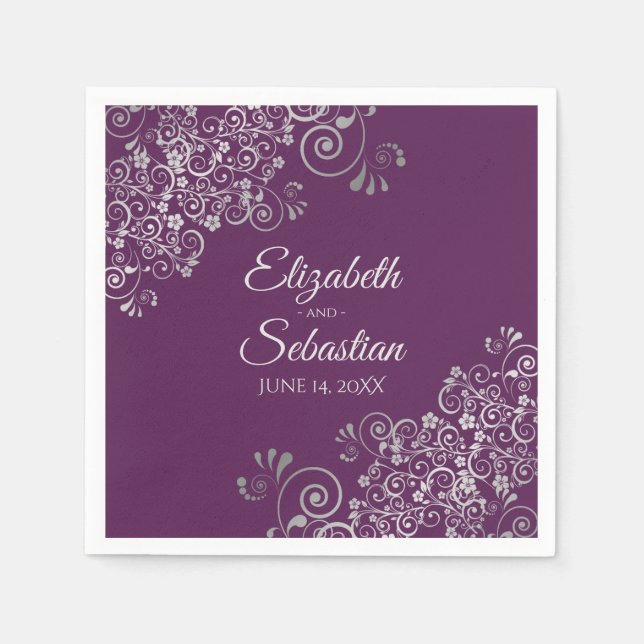 Serviette En Papier Mariage élégant violet prune avec fronces argentée (Devant)