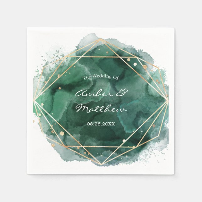 Serviette En Papier Mariage Emerald Green Et Gold Watercolor (Devant)